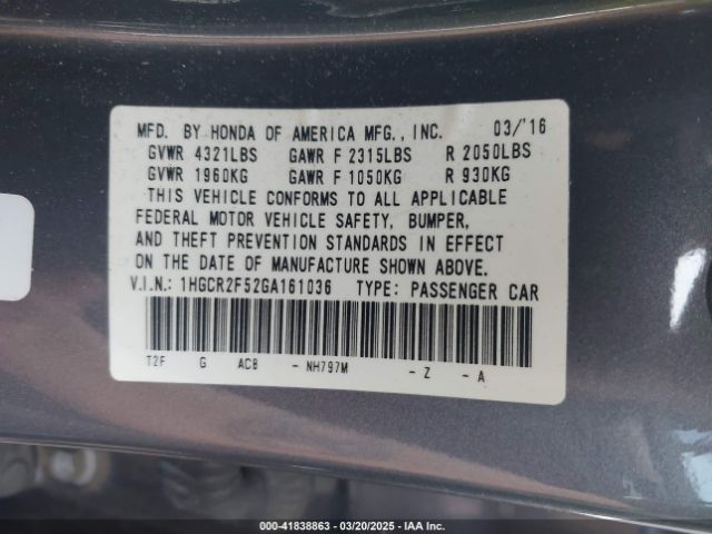 1HGCR2F52GA161036 Honda Accord Sport