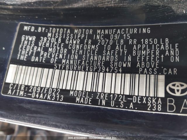 5YFBURHEXGP394754 Toyota Corolla S Plus