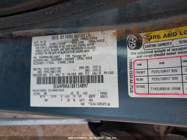 Aukcja sprzedaży 2011 Ford Fusion Se, vin: 3FAHP0HA1BR154897, numer aukcji: 41838914