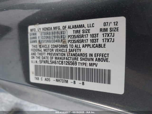 2012 Honda Odyssey Ex-l მანქანა იყიდება აუქციონზე, vin: 5FNRL5H61CB126569, აუქციონის ნომერი: 41838917