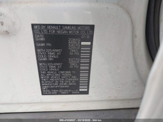 KNMAT2MT4FP584463 Nissan Rogue S/sl/sv