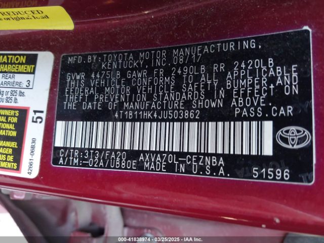 4T1B11HK4JU503862 Toyota CAMRY LE