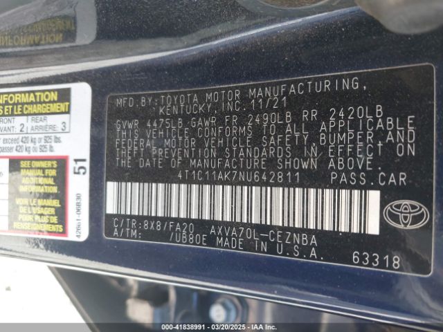 4T1C11AK7NU642811 Toyota CAMRY LE