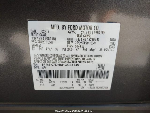 1FM5K7DH6HGC31749 Ford EXPLORER XLT