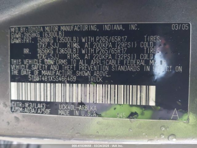 2005 TOYOTA TUNDRA 5TBBT481X5S466469 Photo 8