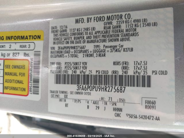 3FA6P0PU9HR275687 Ford Fusion Energi Se Luxury