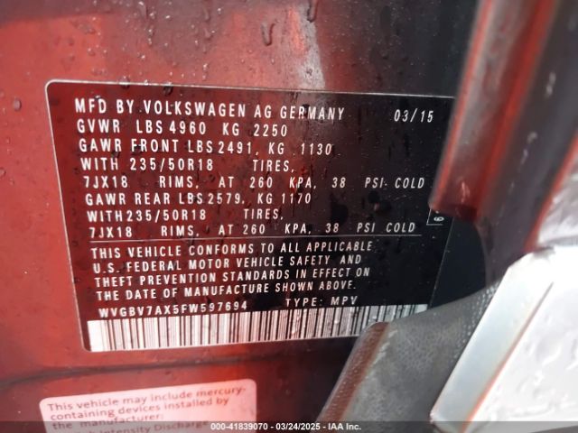 WVGBV7AX5FW597694 Volkswagen Tiguan Sel