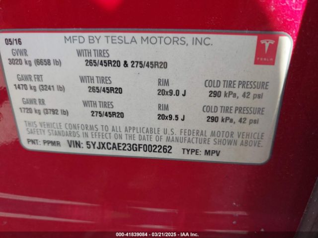 5YJXCAE23GF002262 Tesla MODEL X