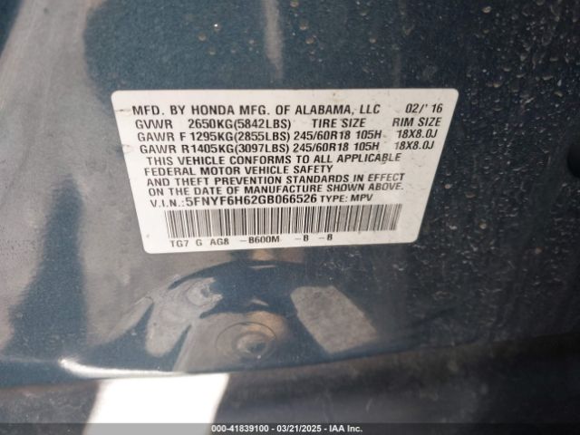 5FNYF6H62GB066526 Honda Pilot Ex-l
