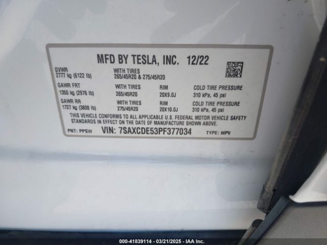 7SAXCDE53PF377034 Tesla Model X Dual Motor All-wheel Drive/standard Range