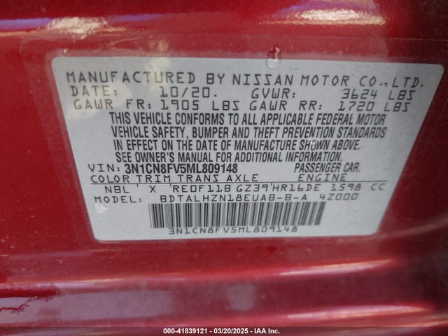 Nissan Versa Sr Xtronic Cvt 2021 3N1CN8FV5ML809148 Image 9