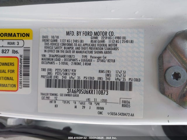 2019 Ford Fusion Energi Titanium მანქანა იყიდება აუქციონზე, vin: 3FA6P0SU6KR110873, აუქციონის ნომერი: 41839132