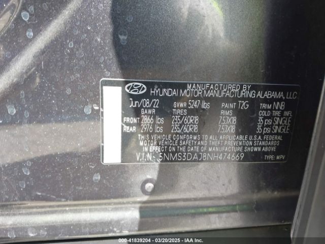 5NMS3DAJ8NH474669 Hyundai Santa Fe Sel
