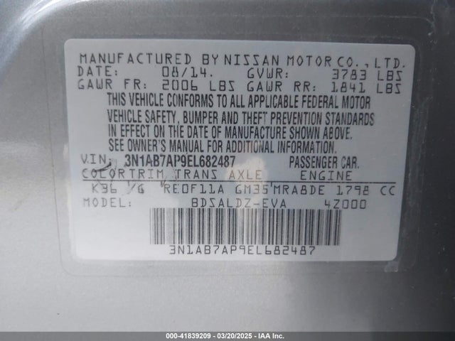 3N1AB7AP9EL682487 Nissan SENTRA SV
