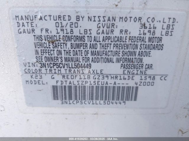 3N1CP5CV1LL504449 Nissan Kicks Sv Xtronic Cvt