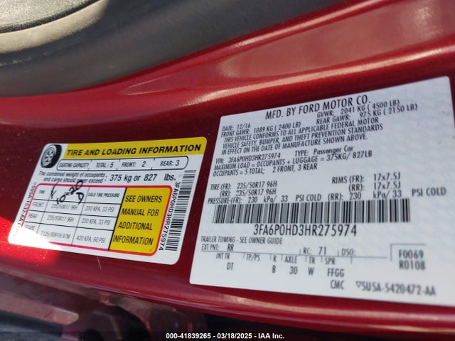 Ford FUSION SE 2017 3FA6P0HD3HR275974 Image 9
