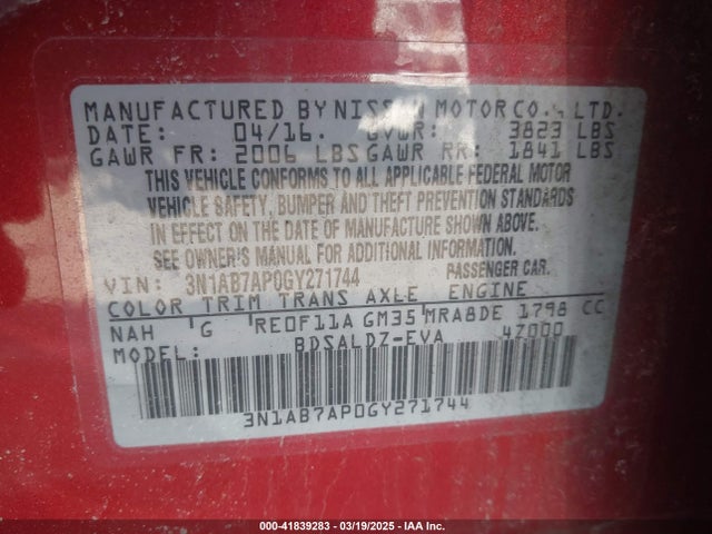 3N1AB7AP0GY271744 Nissan SENTRA SV
