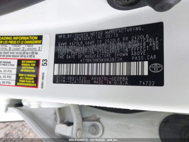 4T1B61HK5KU839734 Toyota CAMRY XSE