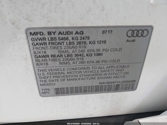 WA1BNAFY4J2034388 Audi Q5 2.0t Premium/2.0t Tech Premium