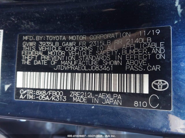 JTDVPRAE0LJ083461 Toyota COROLLA LE