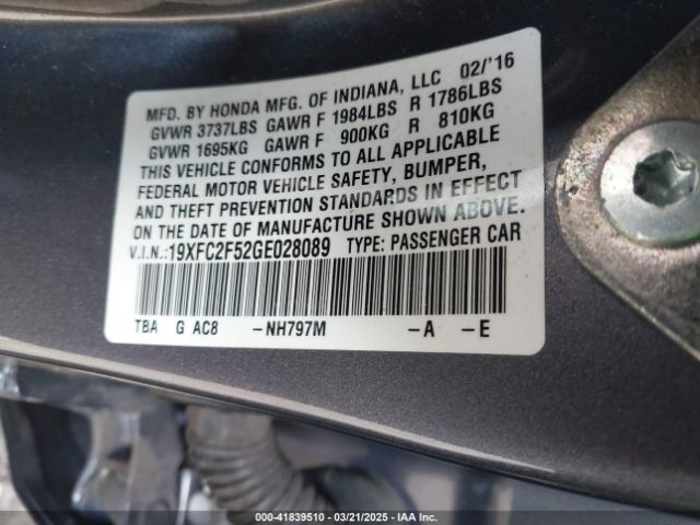 19XFC2F52GE028089 Honda Civic Lx