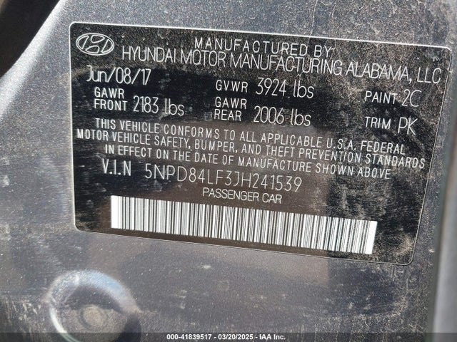 5NPD84LF3JH241539 Hyundai ELANTRA SEL