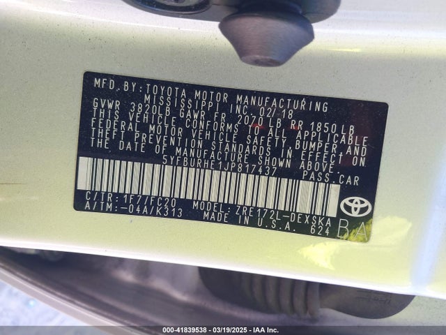 5YFBURHE1JP817437 Toyota COROLLA SE