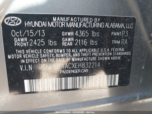 5NPEB4ACXEH832214 Hyundai SONATA GLS