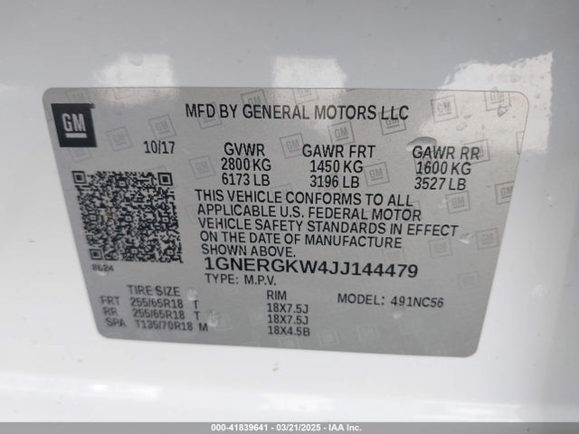 1GNERGKW4JJ144479 Chevrolet Traverse 1lt