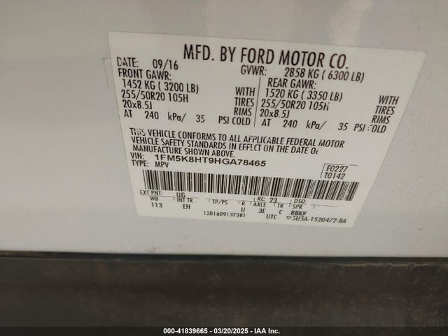 Ford Explorer Platinum 2017 1FM5K8HT9HGA78465 Image 9