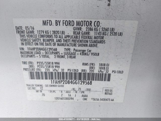 1FAHP2D84GG129568 Ford TAURUS SE