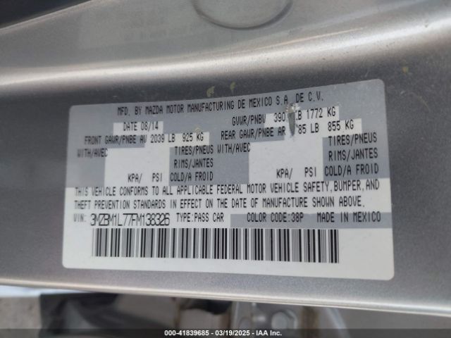 3MZBM1L77FM138326 Mazda Mazda3 I Touring