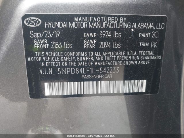 5NPD84LF1LH542233 Hyundai ELANTRA SEL