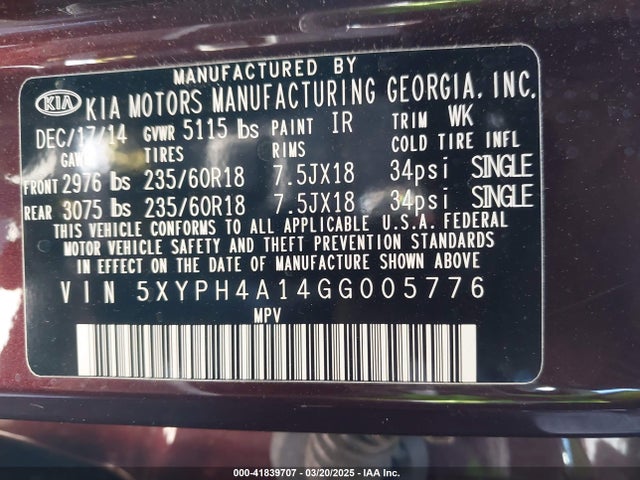 5XYPH4A14GG005776 KIA Sorento 2.0t Ex