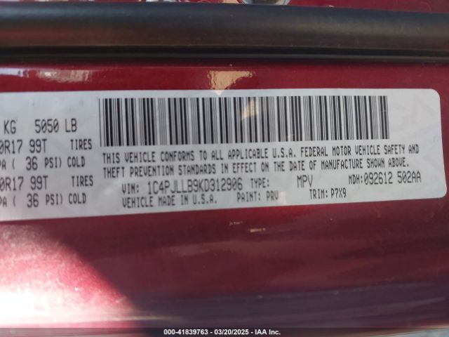 1C4PJLLB9KD312906 Jeep Cherokee Latitude Plus Fwd
