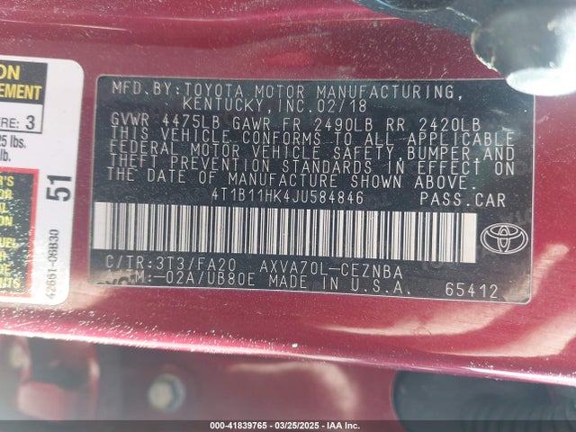 4T1B11HK4JU584846 Toyota CAMRY LE