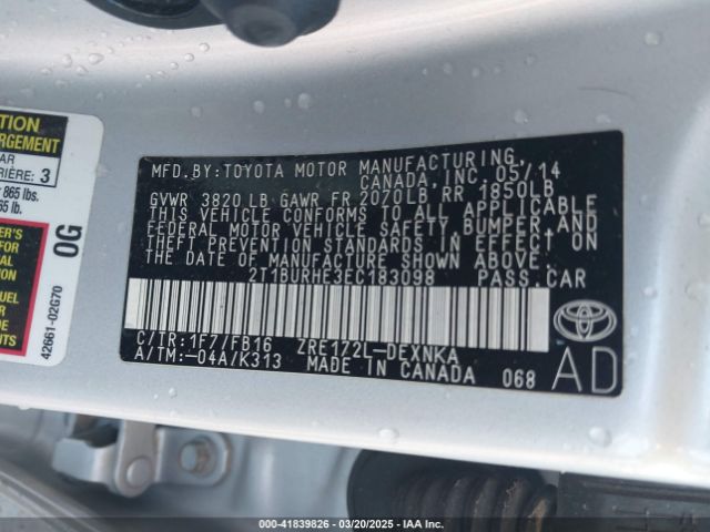 2T1BURHE3EC183098 Toyota COROLLA LE