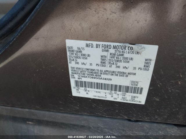 1FM5K7D89GGA34329 Ford EXPLORER XLT