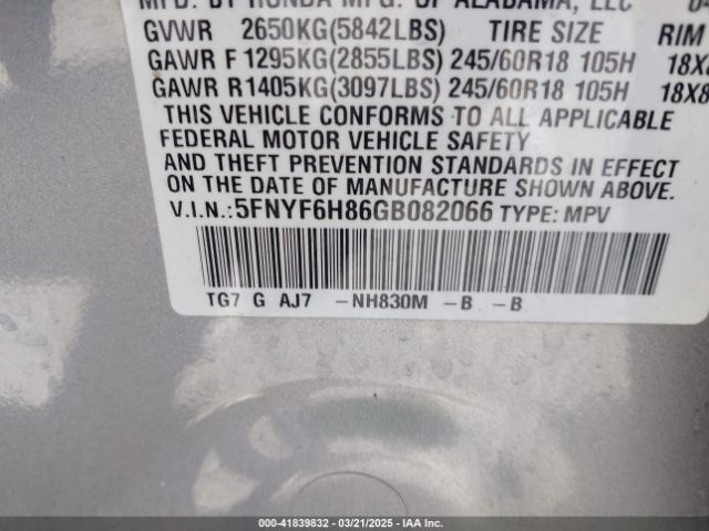 5FNYF6H86GB082066 Honda Pilot Ex-l