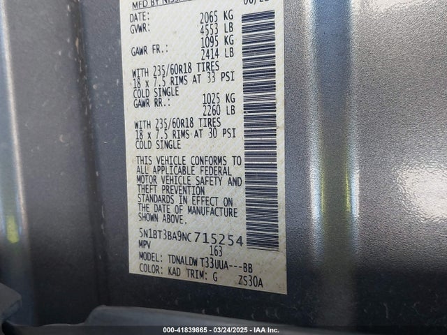 5N1BT3BA9NC715254 Nissan Rogue Sv Fwd