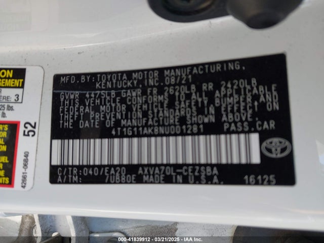 4T1G11AK8NU001281 Toyota CAMRY SE