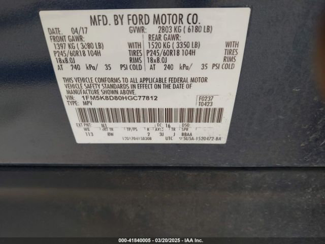 1FM5K8D80HGC77812 Ford EXPLORER XLT