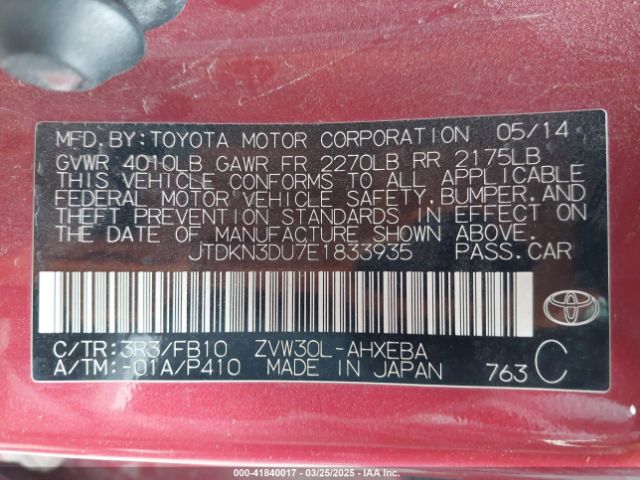 JTDKN3DU7E1833935 Toyota Prius Three