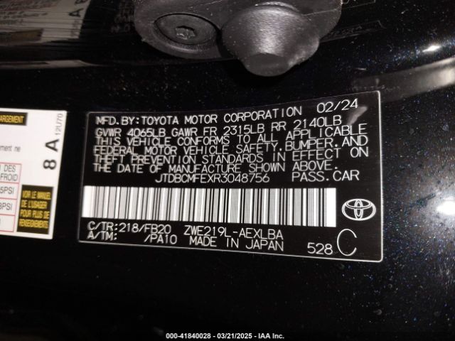JTDBCMFEXR3048756 Toyota Corolla Hybrid Le
