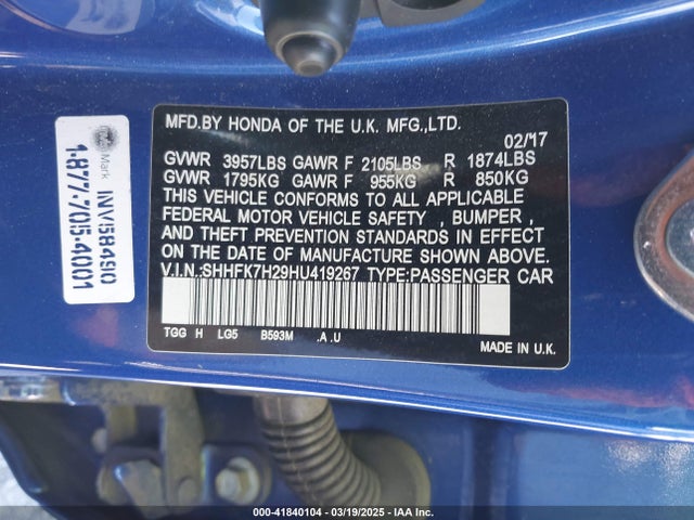 SHHFK7H29HU419267 Honda Civic Lx