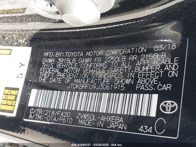 JTDKBRFU9J3061915 Toyota Prius Two