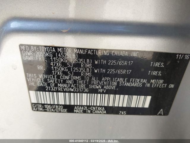 2T3ZFREV6HW331736 Toyota RAV4 LE