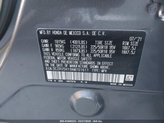 3CZRU5H19NM701611 Honda Hr-v 2wd Sport