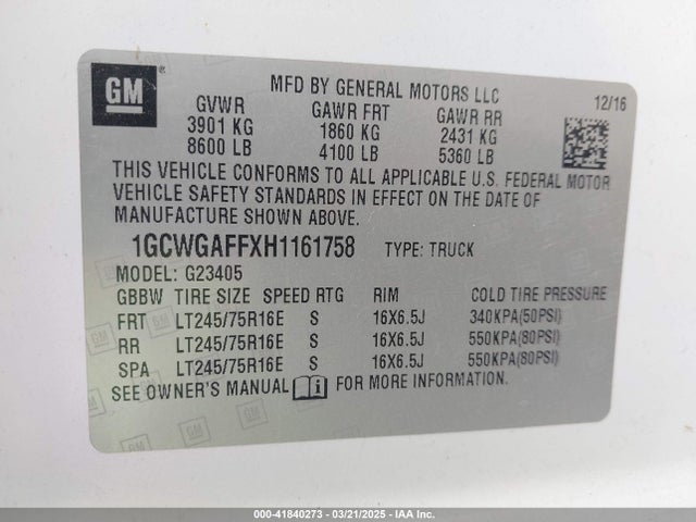 1GCWGAFFXH1161758 Chevrolet Express 2500 Work Van