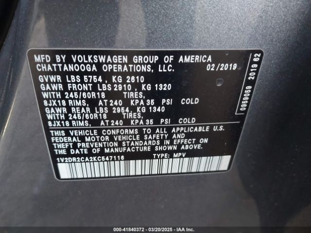 1V2DR2CA2KC547116 Volkswagen Atlas 3.6l V6 Se